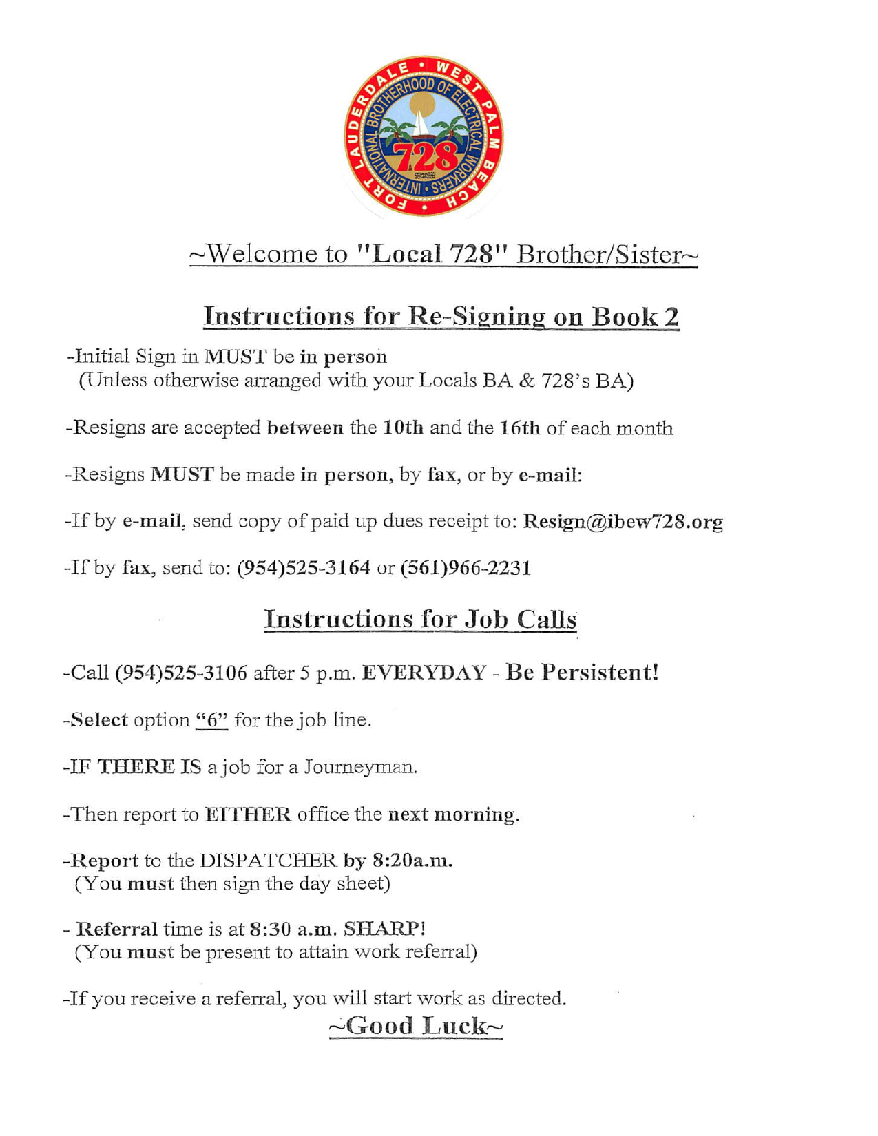 IBEW Local 728 Book II Re-Sign and Job Call Instructions