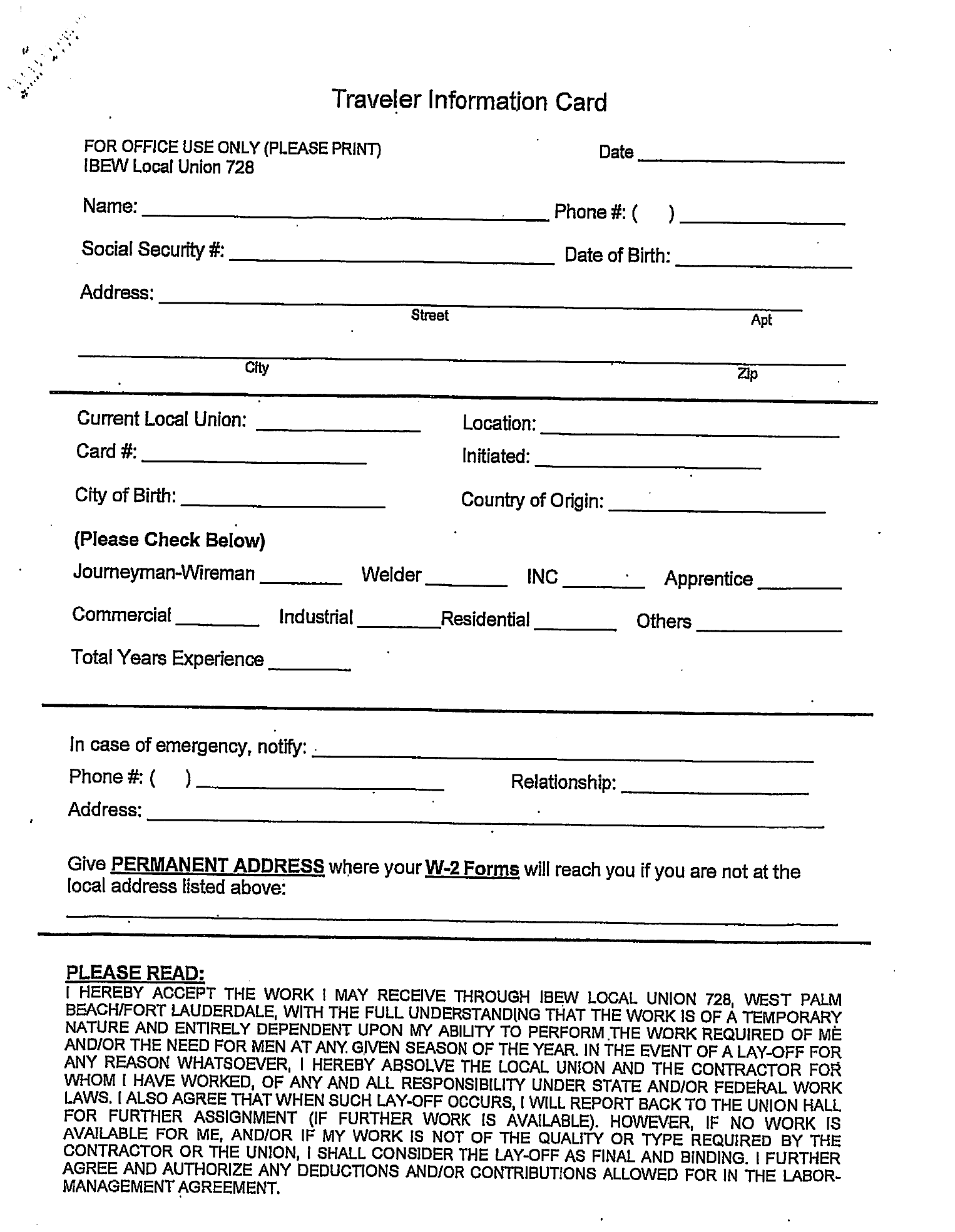 IBEW Local 728 Traveler Information Card